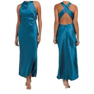 NWT House Of Harlow Cowl Neck Gown Women's Size XS Blue Cross Back Dress FLAWS